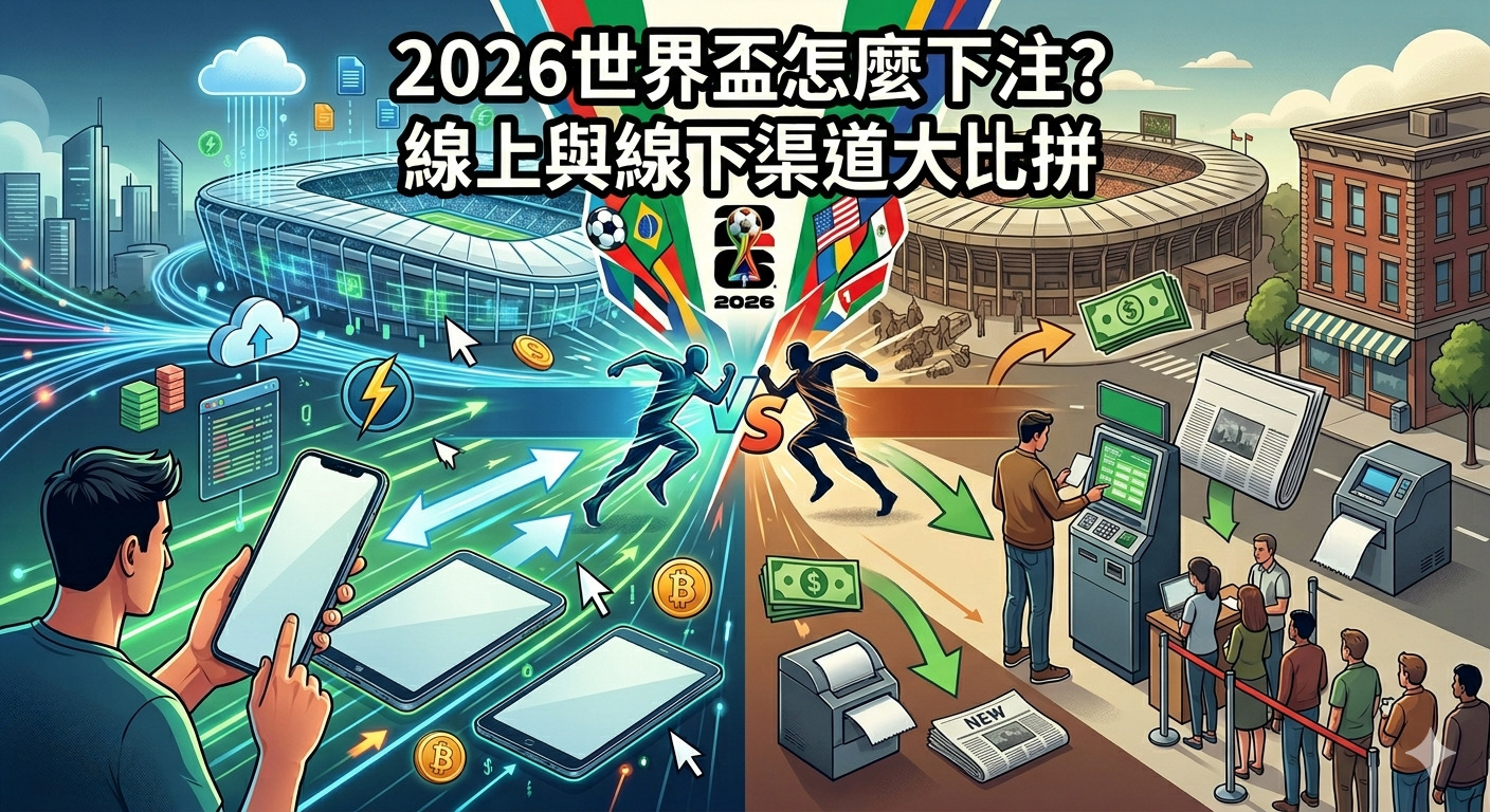這張圖片呈現了2026年世界盃線上與線下投注方式的對比,左側展示現代化的行動裝置應用,右側則描繪傳統實體投注站的排隊情景。 透過視覺化的「對決」風格,圖片直觀地展現了數位化便利與實體互動兩種不同投注體驗的差異。