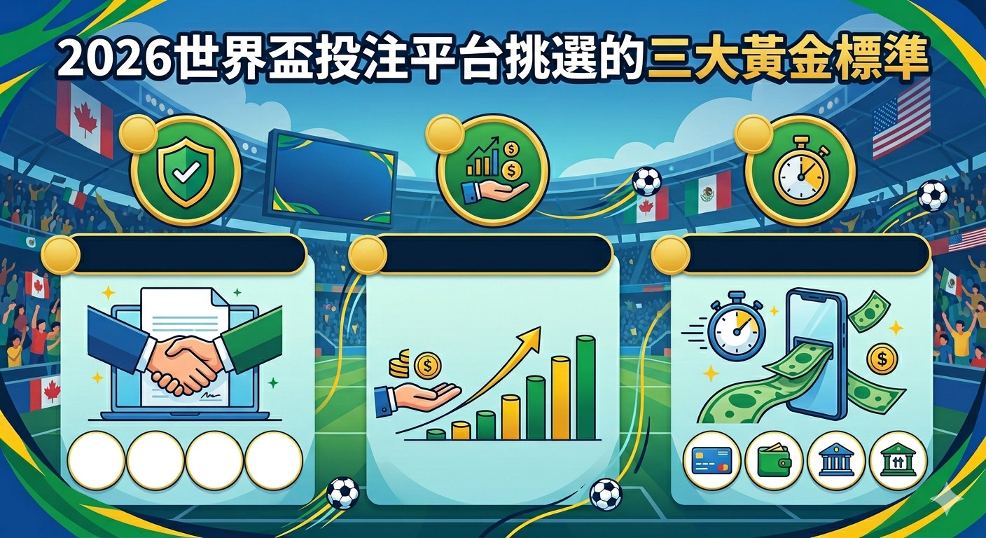 這張圖片展示了「2026世界盃投注平台挑選的三大黃金標準」作為標題。 畫面下方分為三個區塊，分別象徵平台安全性、財務回報與交易速度。