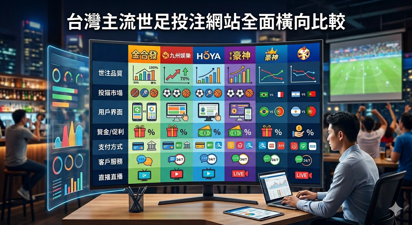 這張圖片展示了一位使用者正在檢視大型螢幕上的「台灣主流世足投注網站全面橫向比較」分析圖表。 螢幕詳細列出了各家平台的品質、功能與服務差異，呈現專業的數位化比較介面。