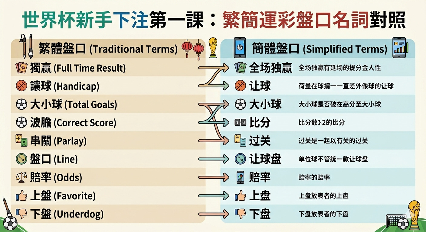 這張圖片呈現了世界盃投注的繁簡體盤口術語對照表，標題為「世界杯新手下注第一課：繁簡運彩盤口名詞對照」。 內容將各類常見的投注術語並列呈現，方便新手理解繁體與簡體中文盤口之間的差異與對應關係。