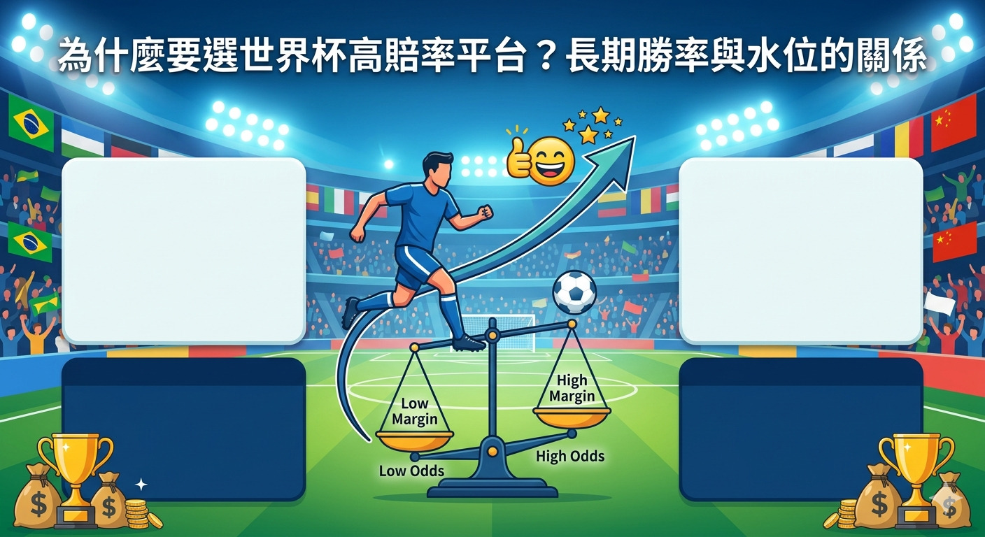 這張圖片以足球場為背景，上方顯示標題「為什麼要選世界杯高賠率平台？長期勝率與水位的關係」。 畫面中央展示一個天平，用來對比高低水位與賠率，兩側並配有獎盃與金錢袋作為設計元素。