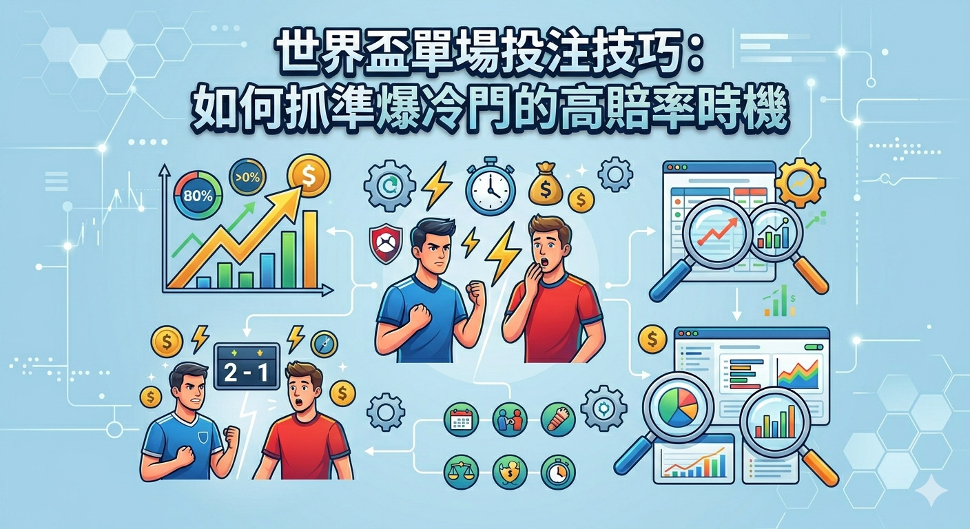 這張圖片展示了足球比賽中分析爆冷門賠率的策略，圖中包含統計圖表、數據分析工具及比賽場景的插圖。 圖片標題為「世界盃單場投注技巧：如何抓準爆冷門的高賠率時機」，以直觀的視覺元素呈現投注分析的核心概念。