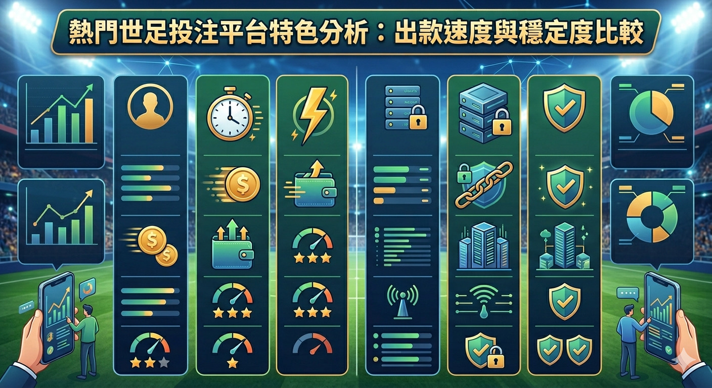 這張圖片展示了關於「熱門世足投注平台特色分析：出款速度與穩定度比較」的圖表，透過數據圖示與科技介面呈現平台的效能評比。 畫面背景融合了足球場與分析圖表，強調出款速度、系統穩定度及安全防護指標，以專業且直觀的方式進行視覺化對比。