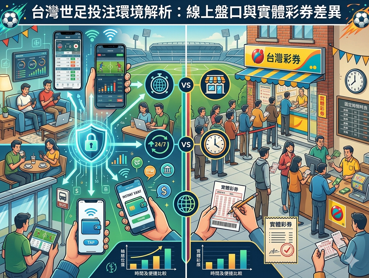 這張圖片展示了台灣世足投注環境中，線上盤口與實體彩券行的對比分析。 畫面將便捷的數位化手機投注與排隊購買實體彩券的場景並列，呈現兩者在便利性與操作方式上的顯著差異。