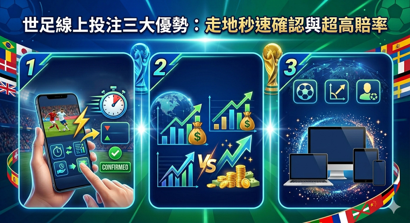 這張圖片以「世足線上投注三大優勢：走地秒速確認與超高賠率」為主題，透過三個視覺面板展示了即時確認、高賠率回報及多裝置操作的便利性。 整體設計採用現代科技風格，結合足球元素與數據圖表，強調在世界杯期間進行線上投注的高效與專業感。
