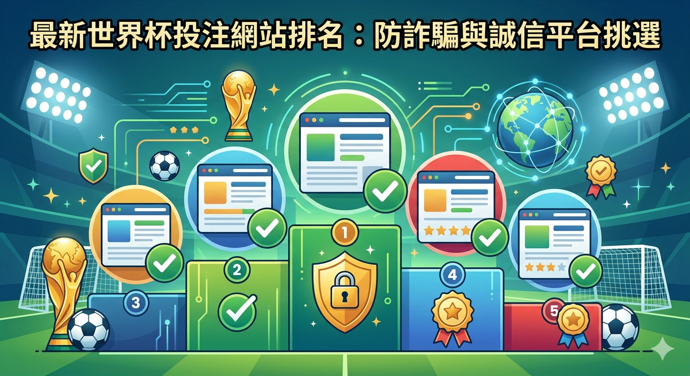 這張圖片以足球場為背景，展示了世界盃投注網站的排名與安全性評級。 畫面中結合了獎盃、排行榜及防詐騙的安全鎖圖示，強調選擇誠信平台的重點。