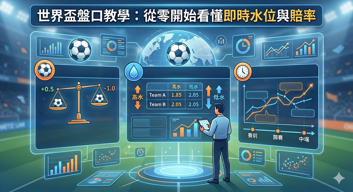 這張圖片展示了一位分析師在足球場背景前,透過全息投影儀學習世界盃盤口水位與賠率。 畫面以專業且科技感的風格呈現,強調了從零開始掌握即時博彩數據的教學概念。