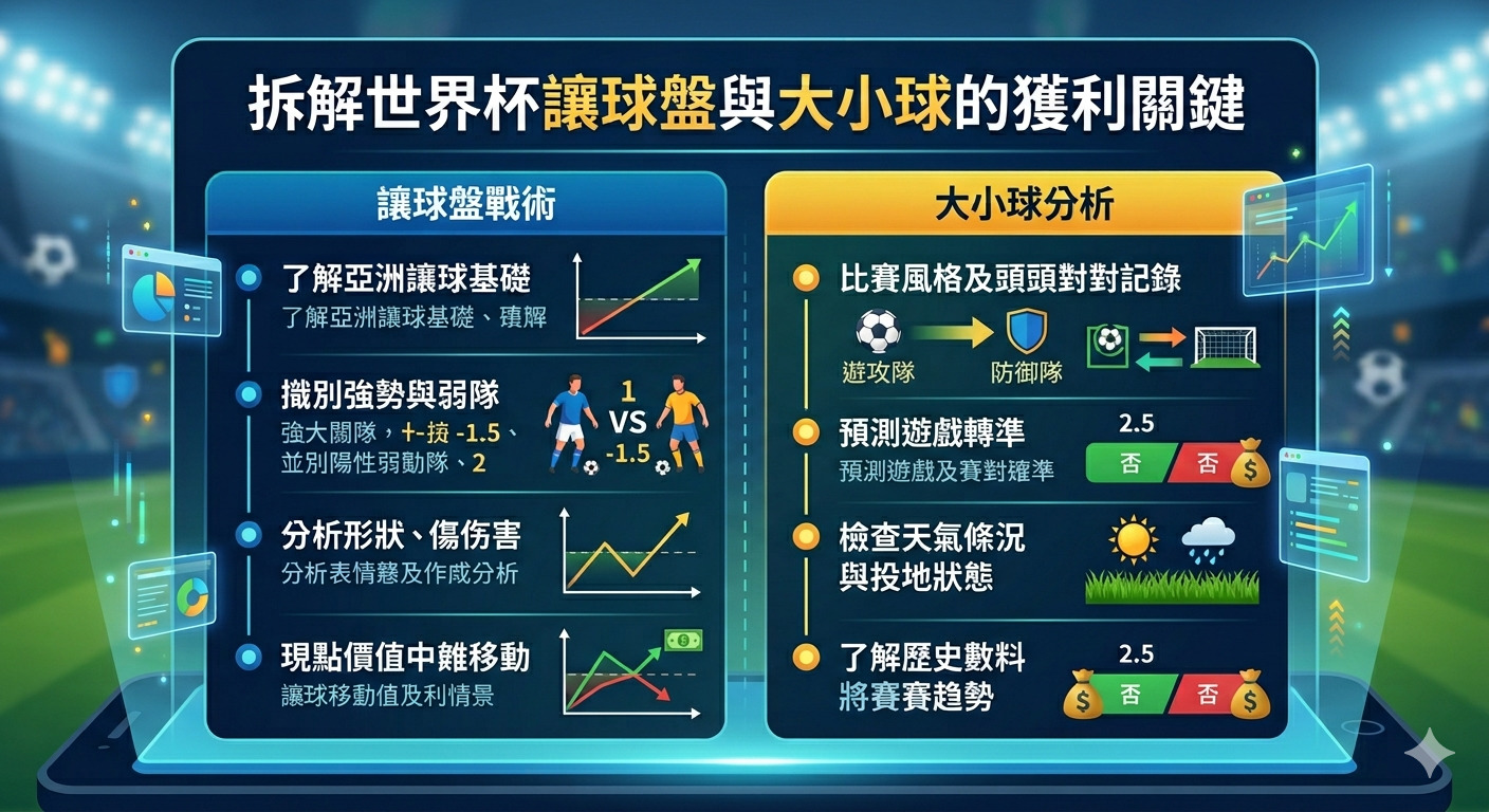 這張圖片以足球場為背景,展示了「拆解世界盃讓球盤與大小球的獲利關鍵」的標題。 畫面透過資訊圖表詳細分析了讓球盤戰術與大小球預測的數據關鍵,呈現專業的賽事預測視角。