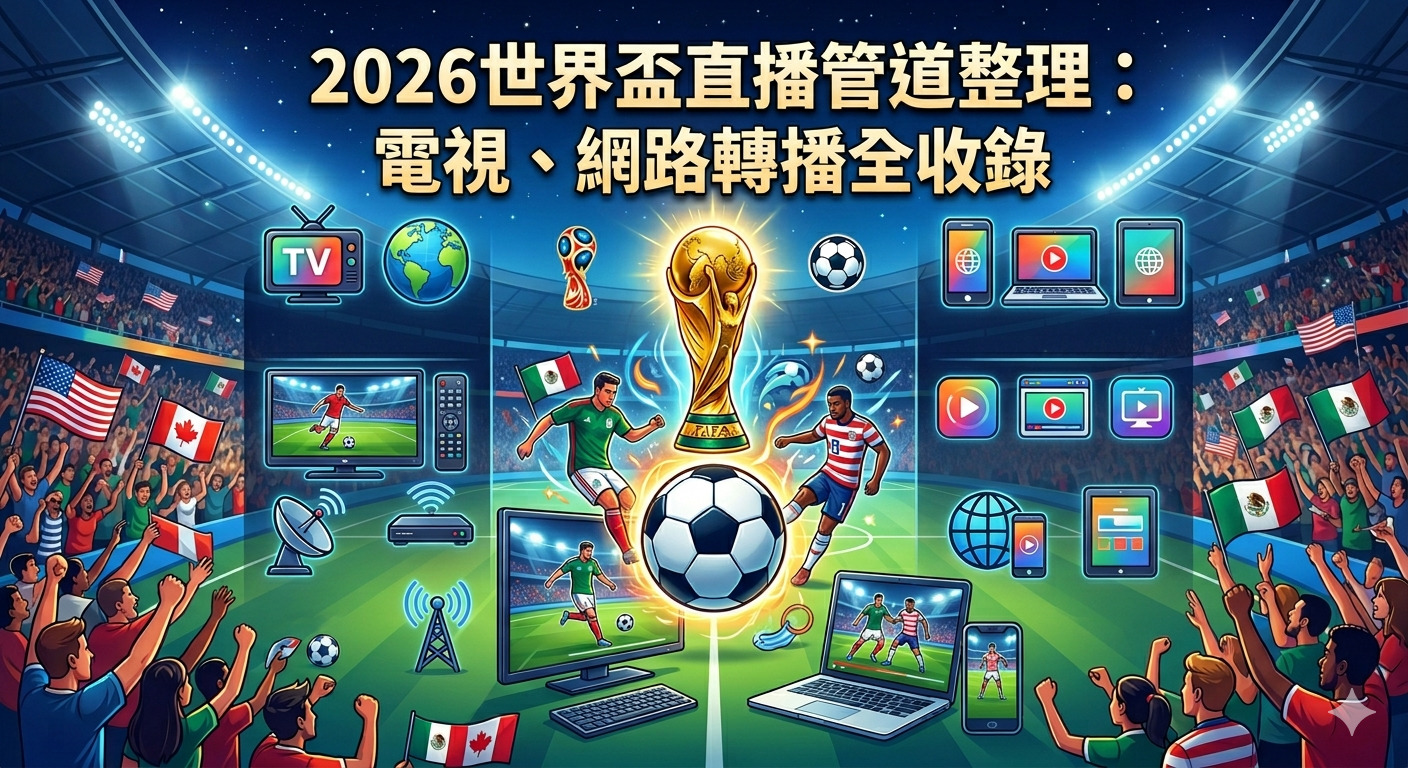 這是一張以「2026世界盃直播管道整理」為主題的資訊圖，結合了球場氛圍與多元轉播設備的視覺元素。 圖中展示了足球賽事、獎盃及各種觀賽裝置，強調電視與網路直播的全面覆蓋，旨在向觀眾呈現完整的轉播資訊。
