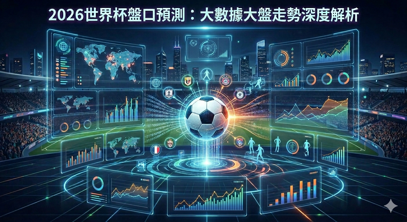 這張圖片以科技感十足的足球場為背景，中央懸浮著一顆足球，周圍環繞著呈現「2026世界杯盤口預測：大數據大盤走勢深度解析」標題的數據分析圖表。 整體畫面結合了大數據運算與運動賽事的元素，透過全息投影風格的圖表展現出對盤口走勢的精確預測與深度分析。
