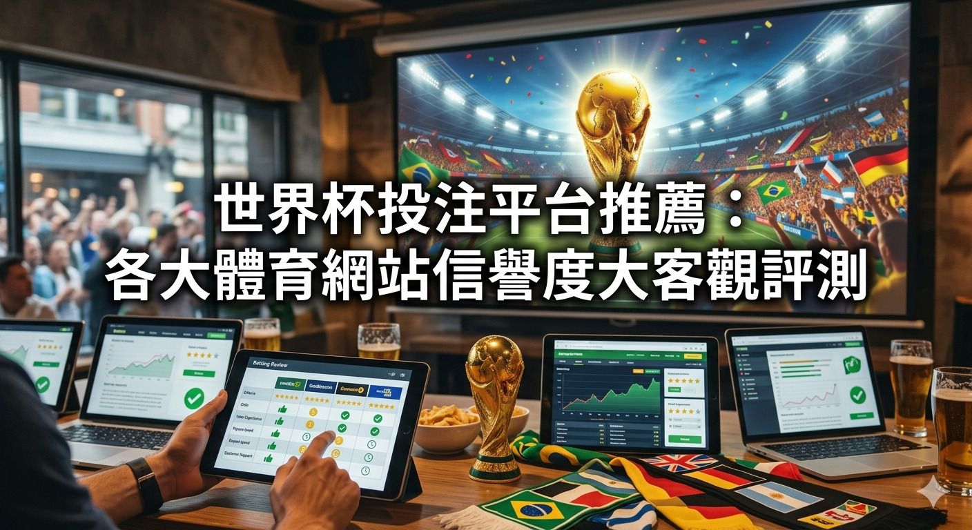 這張圖片展示了一個人在酒吧中研究各類體育投注平台的評價，螢幕上顯示著詳細的評比數據。 畫面背景融合了足球世界盃的慶祝氛圍，並將標題清晰呈現於畫面中央，營造出專業與熱情的投注分析場景。