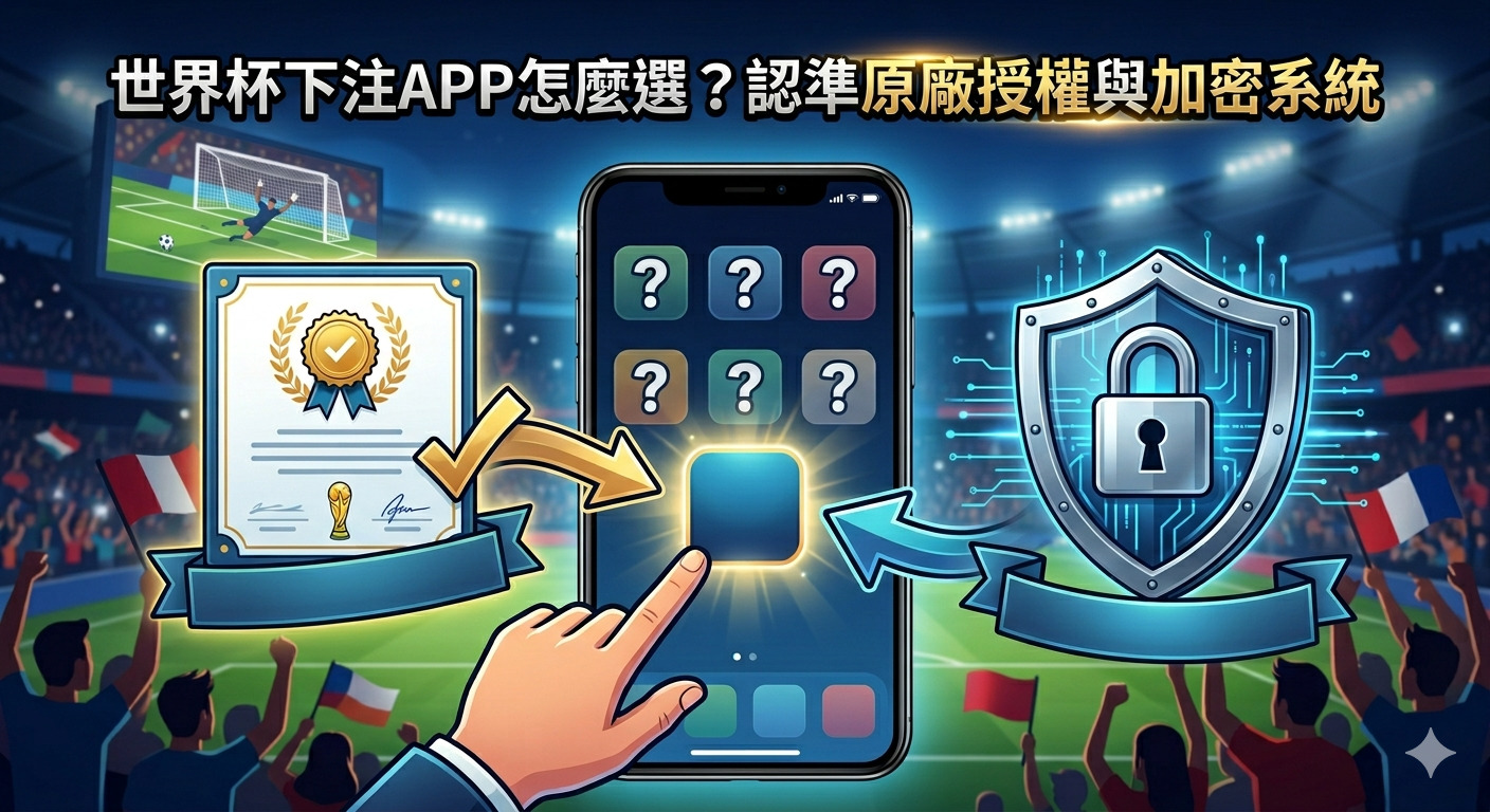 這張圖片以體育場為背景，展示了選擇合法投注APP的關鍵標準。 圖片強調了「原廠授權」與「加密系統」的重要性，指引使用者安全地進行世界盃下注。