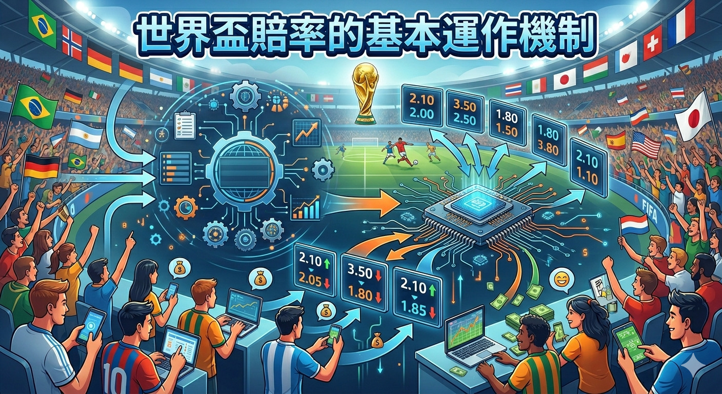 這張圖片展示了世界盃博彩賠率的動態運作機制，結合了足球賽場元素與數據分析科技。 畫面中央呈現數位處理核心與即時變動的賠率數據，象徵著賠率如何隨市場反應與賽事狀況進行精準調控。