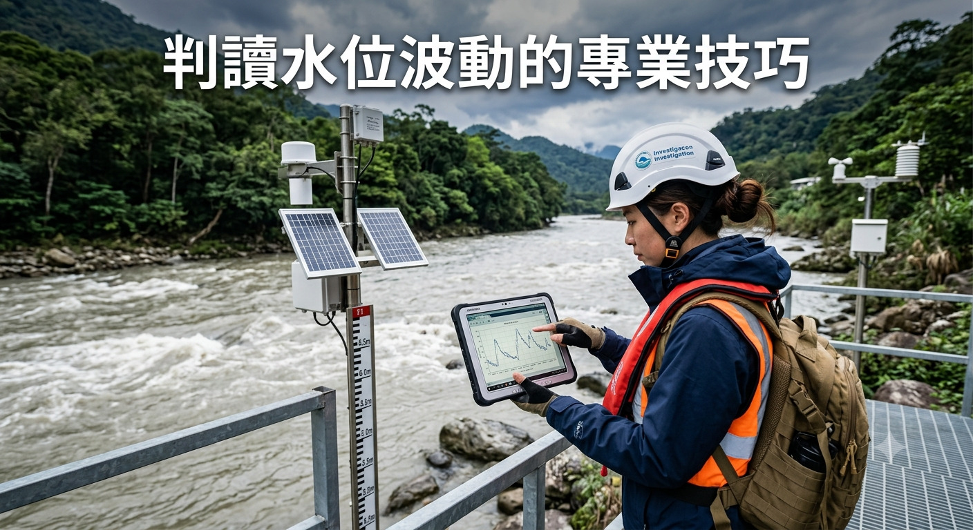 這張圖片展示了一位穿著安全裝備的專業人員，在河邊使用平板電腦監測並判讀水位波動數據。 畫面中設有水位觀測設備與告示牌，標題「判讀水位波動的專業技巧」清楚地呈現於上方。