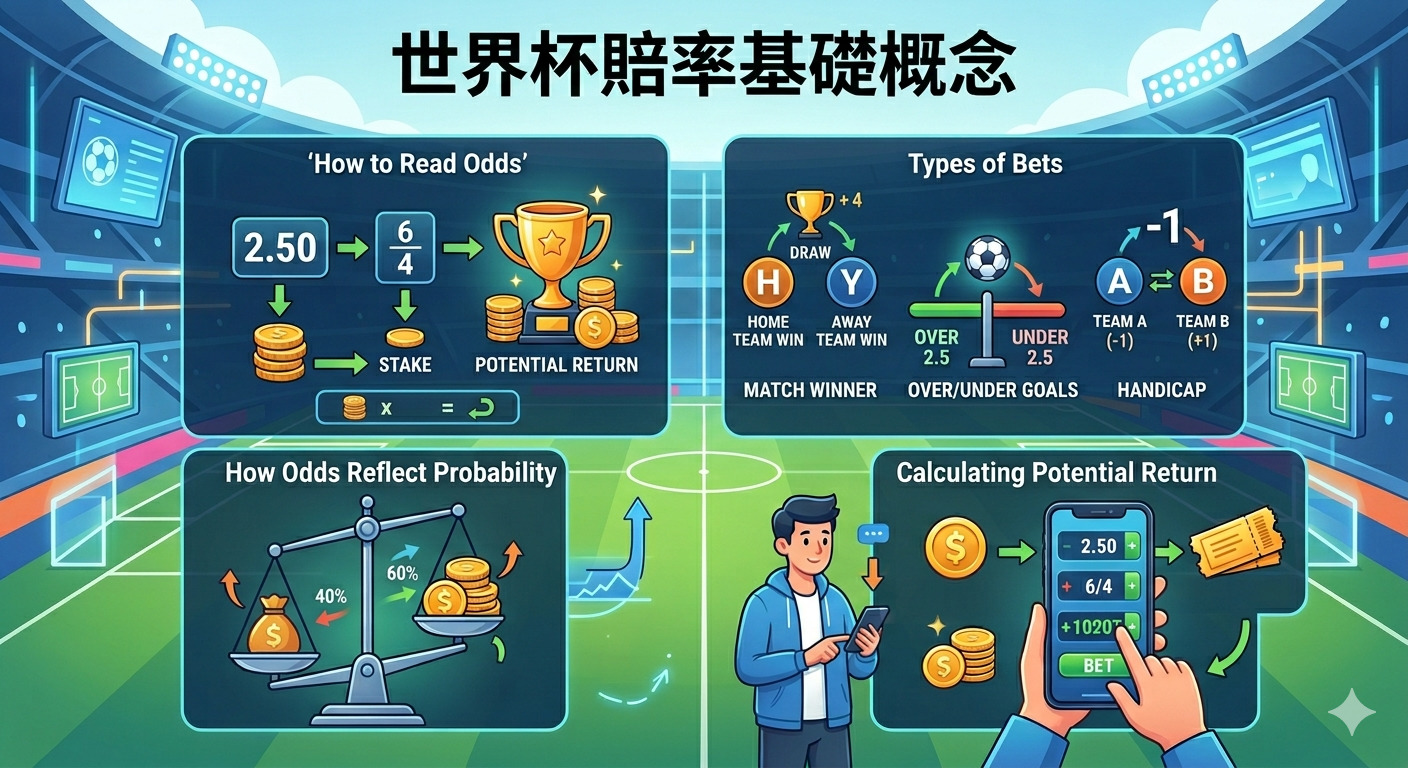 這張圖表說明了世界杯賠率的基礎概念，包含賠率閱讀方式、投注類型及潛在回報計算。 透過直觀的圖示與中文說明，幫助使用者理解機率與賠率之間的關係。