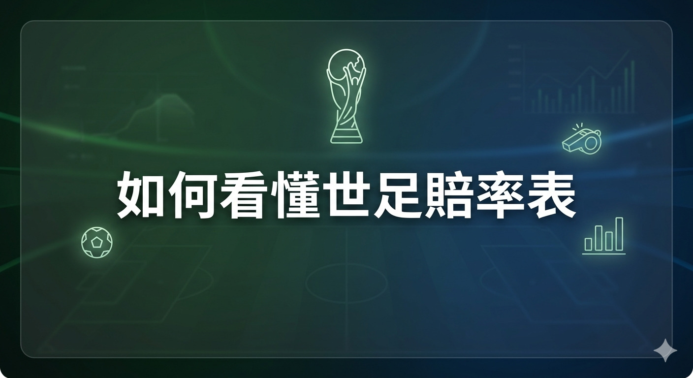 這是一張以「如何看懂世足賠率表」為標題的設計圖像，背景結合了足球場與數據分析圖示。 整體色調採用深綠色與藍色漸層，風格簡約專業，並配有象徵足球賽事的冠軍盃與哨子元素。