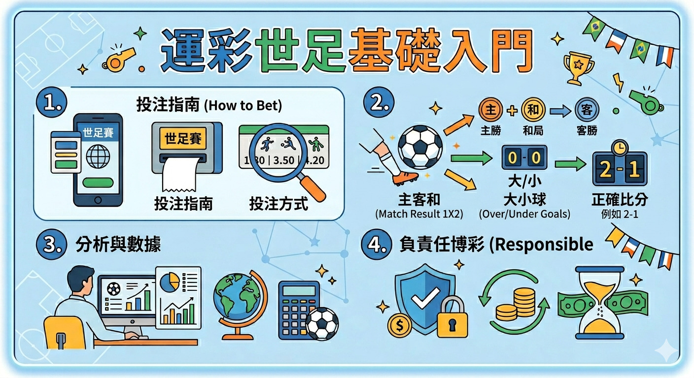 這是一張關於足球運彩入門的資訊圖表，標題為「運彩世足基礎入門」。 圖中透過四個區塊展示了投注指南、比賽結果分析、數據統計及負責任博彩的相關概念。
