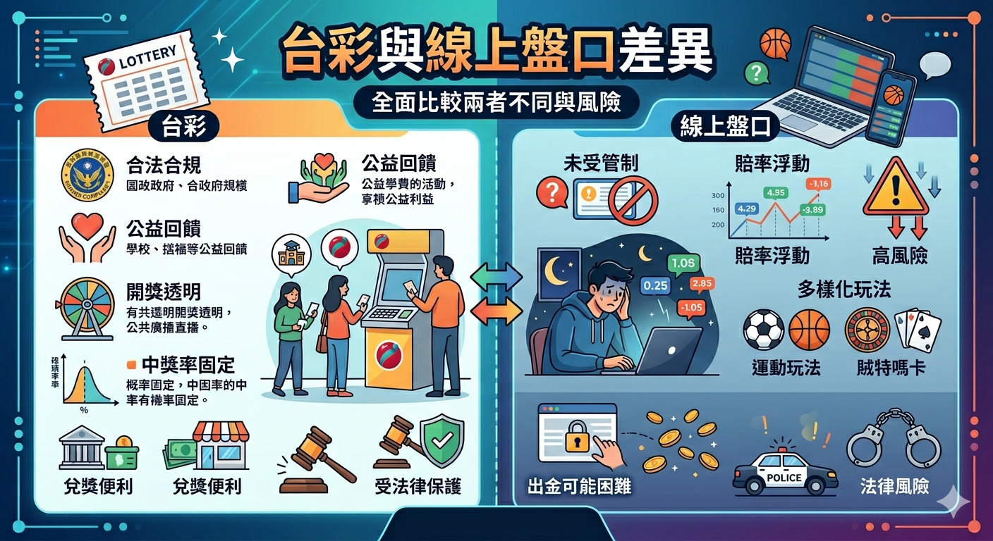 這張圖表清晰對比了「台彩」與「線上盤口」的差異，重點強調台彩具有合法合規與公益回饋的特點。 相比之下，線上盤口則呈現出高風險、賠率波動及潛在法律與出金問題。