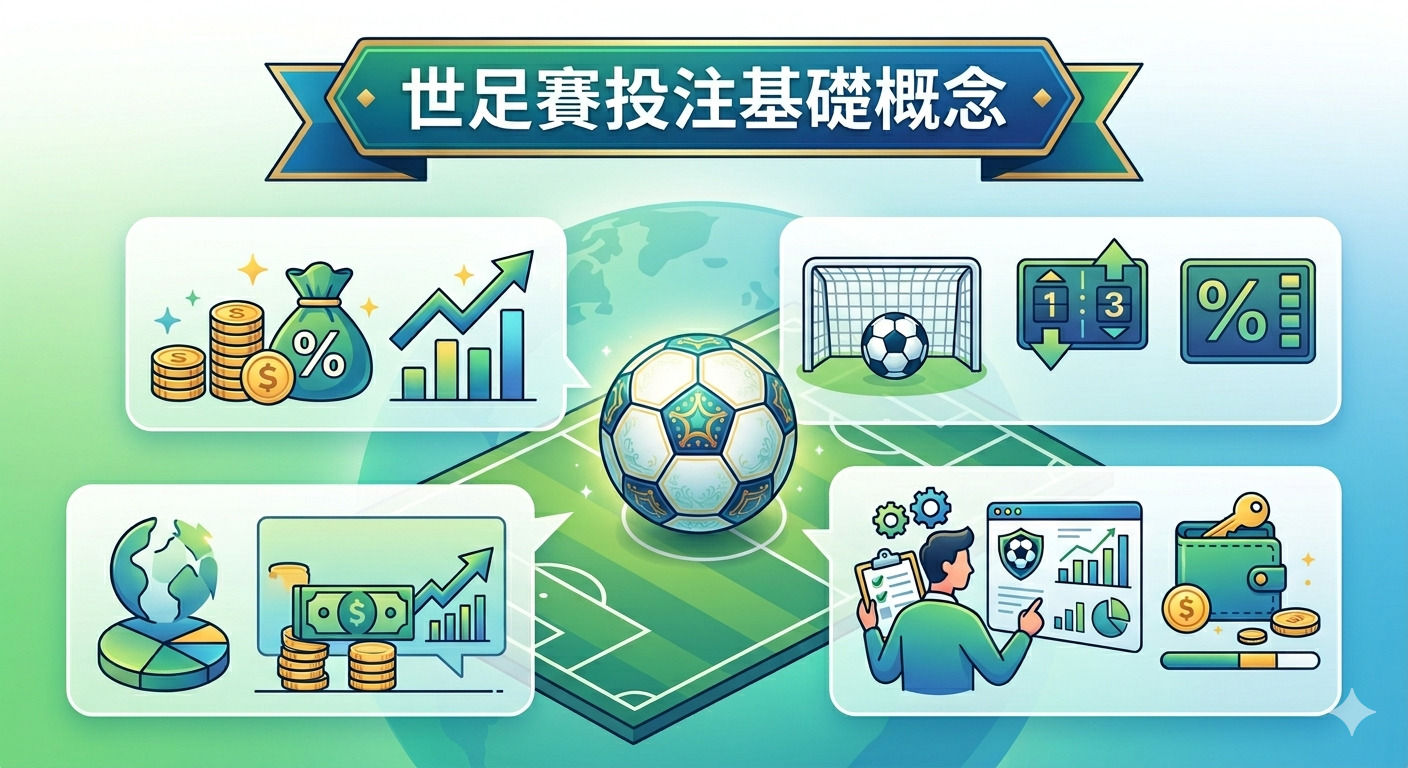 這張圖片以「世足賽投注基礎概念」為主題，背景為綠色足球場與地球。 畫面中包含四個圖表框，透過金幣、圖表、球門和數據分析等圖示，生動呈現世界盃足球賽投注的基礎觀念與策略。