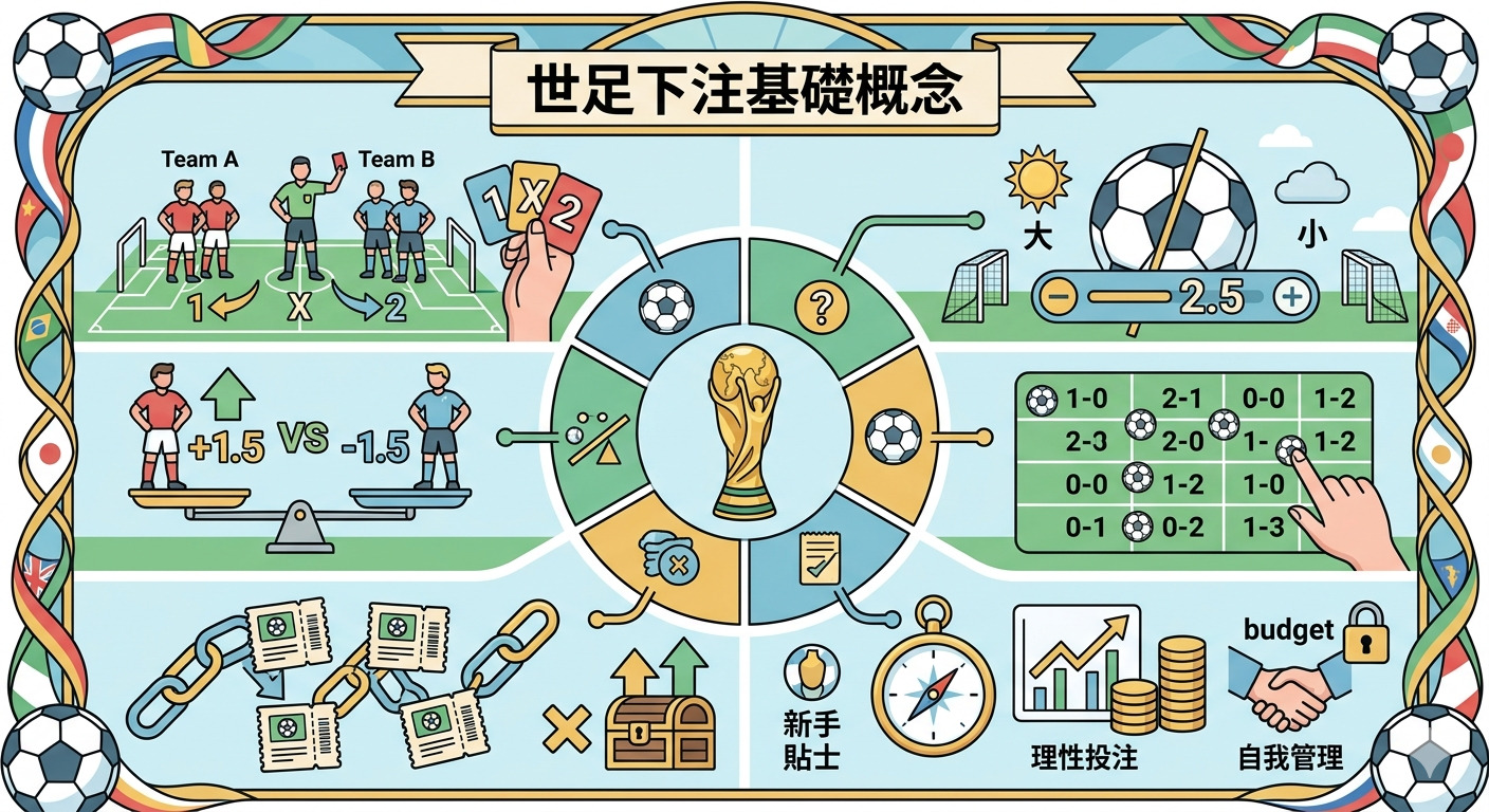 這是一幅關於「世足下注基礎概念」的圖解指南，以大力神盃為中心，生動呈現了勝平負、讓球、大小球和正確比分等核心玩法。 整體設計採用清新的插畫風格與豐富的圖表，幫助新手輕鬆理解足球投注的基礎知識與理性理財的概念。