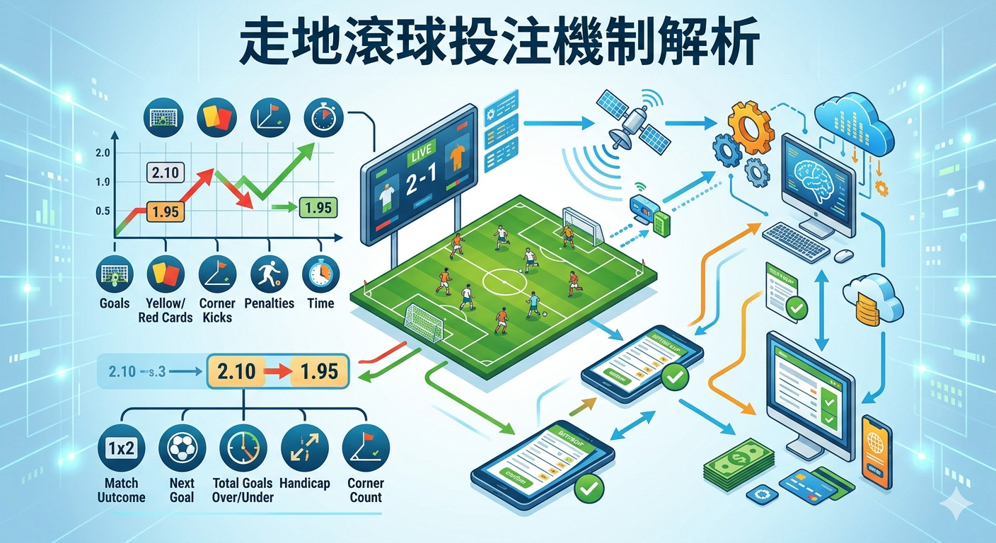 這張圖表以「走地滾球投注機制解析」為主題，透過足球場與數據圖表生動展示實時賠率變化的動態過程。 全圖結合手機、電腦及雲端數據分析，將進球、紅黃牌等賽事動態與各類盤口機制做直觀的流程圖解。