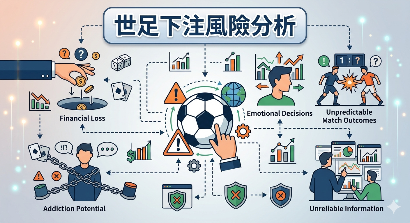 「世足下注風險分析」，透過視覺化的圖示與路徑指引，說明了足球博弈所潛藏的負面影響與挑戰。 圖中詳細列舉了如財務損失、成癮潛在風險、情緒化決策以及比賽結果不可預測性等關鍵因素，警示參與下注可能帶來的各項負面後果。