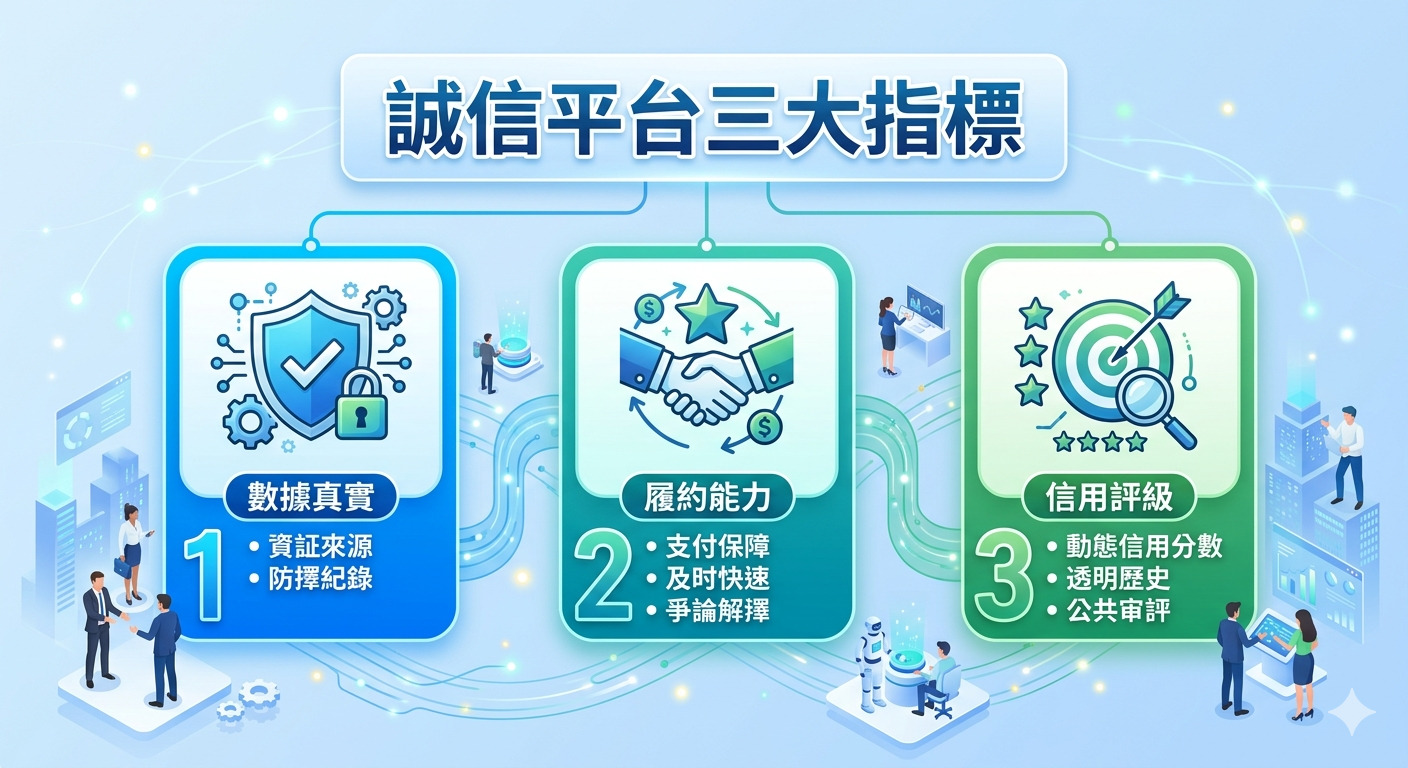 這張圖片呈現「誠信平台三大指標」的架構，以科技藍綠色調與專業的商務風格展示三個核心信用維度。 圖像透過數據防護、履約保證與信用評級的圖示設計，清晰傳達出平台建立信任機制的專業性。