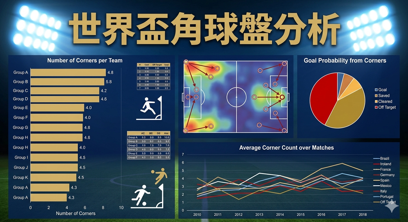這是一張關於世界盃角球數據的分析圖表，展示了球隊角球數量、得分機率與比賽走勢的統計視覺化呈現。 圖像透過長條圖、圓餅圖與趨勢圖，將複雜的角球分析數據直觀地整合在足球場背景中。