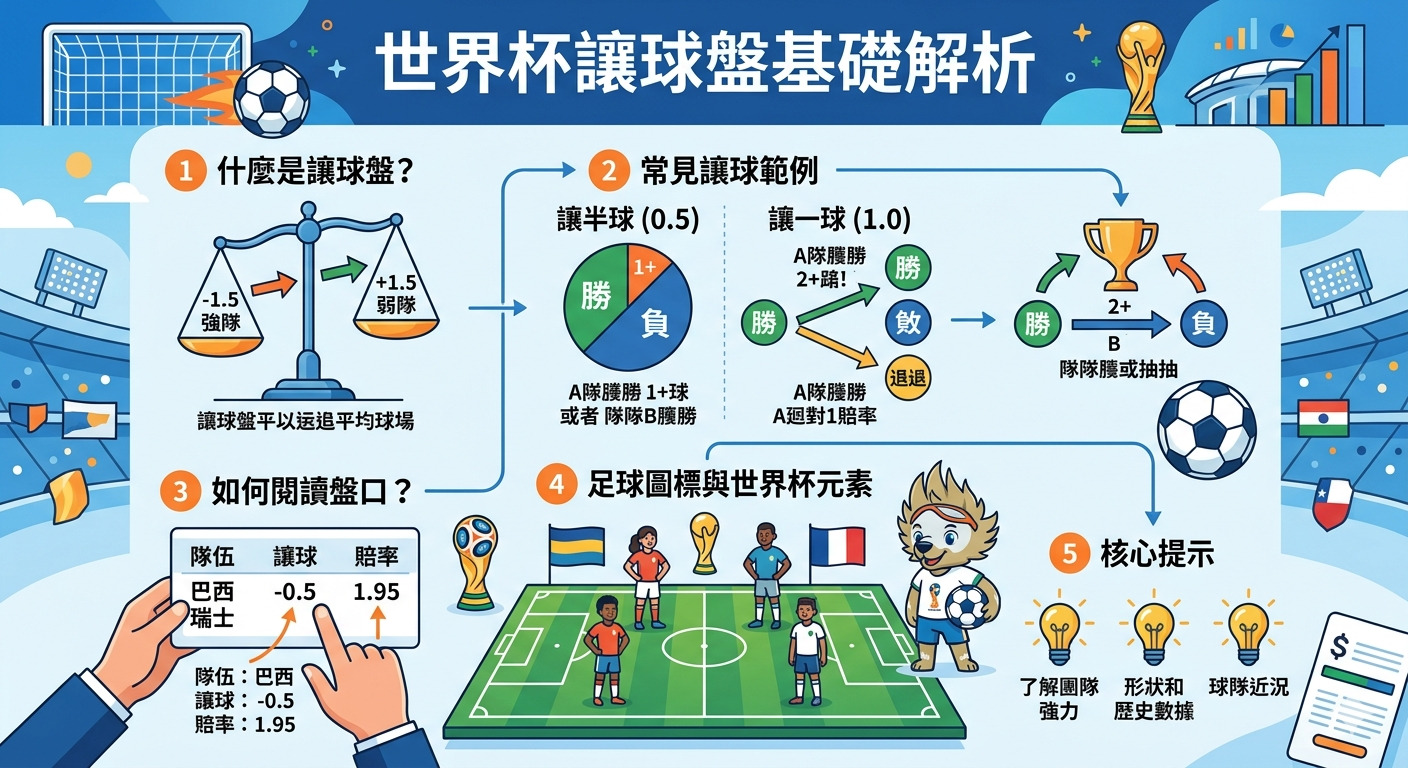 這是一張以「世界盃讓球盤基礎解析」為主題的資訊圖表，詳細說明了讓球盤的定義、常見範例、盤口閱讀方式以及核心投注提示。 圖表中融合了足球比賽元素、統計數據圖示與吉祥物，幫助初學者快速理解運動博彩中的讓球規則。