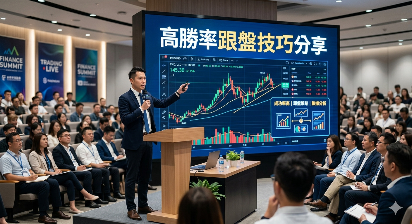這是一場專業的金融投資講座，講者正站在講台上向台下聽眾說明高勝率的跟盤技巧。 螢幕上清晰呈現著即時交易數據與走勢分析圖，展現出專業且具深度的金融交流氛圍。