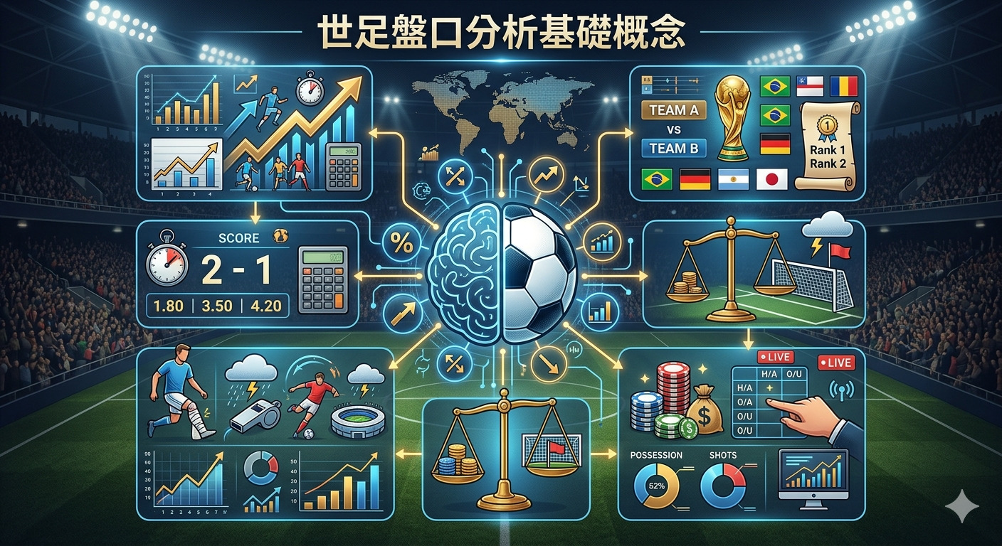 這張圖片展示了以「世足盤口分析基礎概念」為題的資訊圖表，融合足球賽事與數據分析元素。 透過大腦與足球結合的中心設計，整合了賠率、賽況統計、博弈籌碼及賽場環境等專業分析指標。