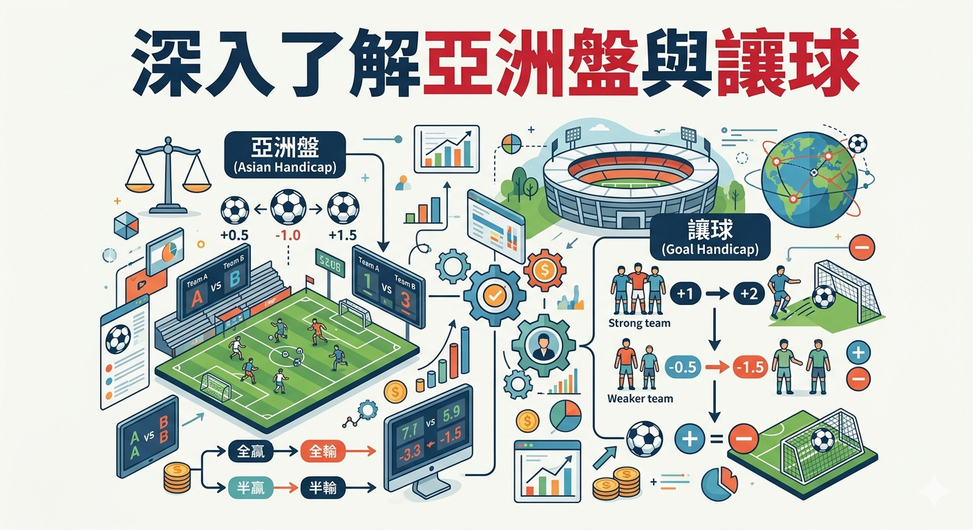 這張圖片以「深入了解亞洲盤與讓球」為標題，詳細呈現了足球亞洲盤與讓球機制的運作方式。 圖中結合了足球場景、數據分析圖表以及讓球範例，視覺化地解釋了強弱隊在比賽中的賠率與勝負計算邏輯。