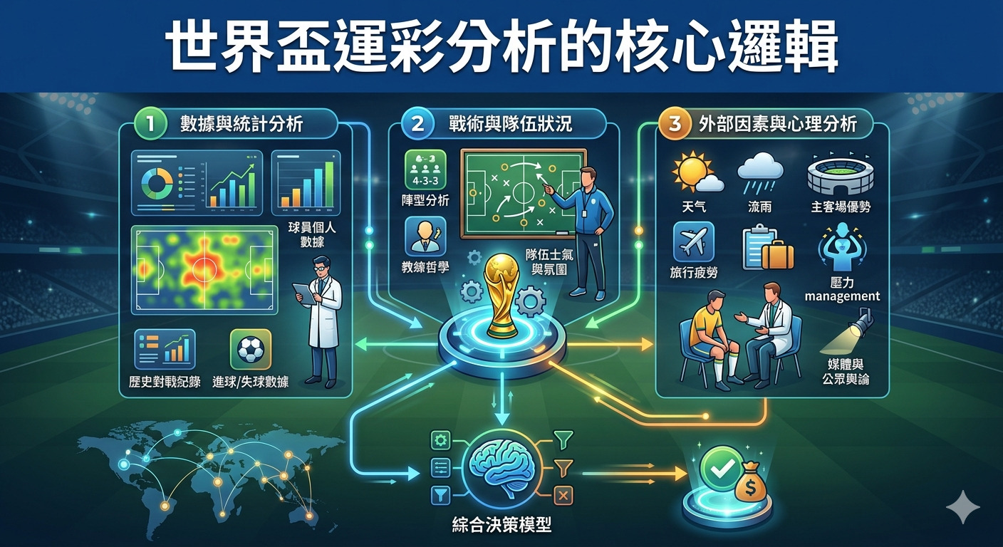 這張圖片以「世界盃運彩分析的核心邏輯」為題，透過三個核心維度（數據統計、戰術狀況、外部心理因素）展示了全面分析比賽的架構。下方整合了這些變量進入決策模型，最終導向理性且準確的投注判斷。