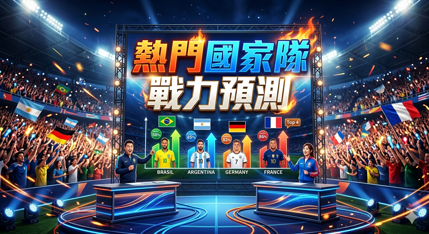 這是一張以「熱門國家隊戰力預測」為主題的體育分析節目場景圖。 畫面中兩位主播正對著顯示巴西、阿根廷、德國與法國隊戰力數據的大螢幕進行賽事評析。