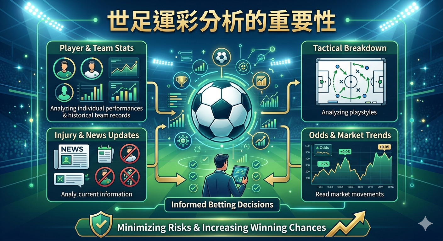 這張圖片展示了進行世界盃運彩分析的關鍵要素，旨在協助玩家做出明智的投注決策。 透過整合球員數據、戰術分析、即時新聞與市場趨勢，能有效降低風險並提高勝率。