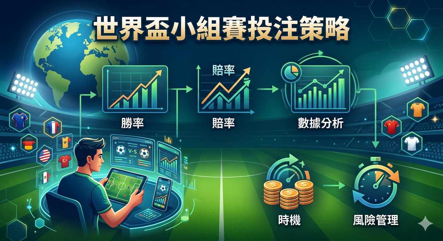 這張圖片呈現了一位分析師正在研究足球比賽數據以制定投注策略，背景為世界盃球場。 圖片頂部標題為「世界盃小組賽投注策略」，強調了數據分析與風險管理的重要性。