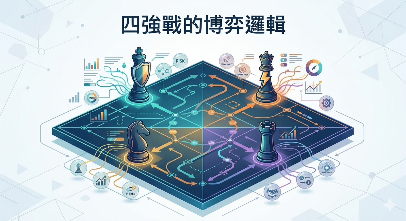 這張圖片以「四強戰的博弈邏輯」為題，呈現了四個西洋棋棋子在棋盤上進行策略博弈的概念視覺。 透過箭頭路徑與數據圖示的設計，象徵複雜的賽局分析與多方權衡的決策過程。