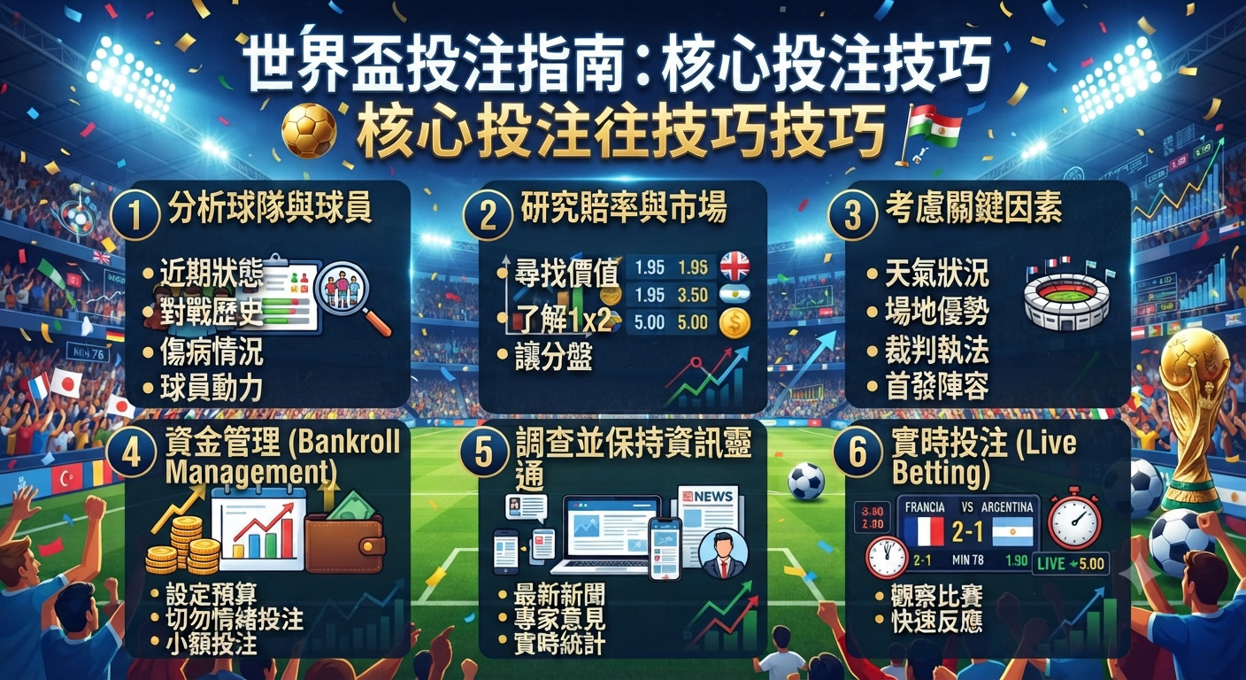 這張圖片詳細介紹了世界盃投注的核心技巧與策略，包含分析球隊、研究賠率及資金管理等六大關鍵要素。 設計風格充滿運動氛圍，以繁體中文清楚列出專業建議，幫助投注者提升決策效率。