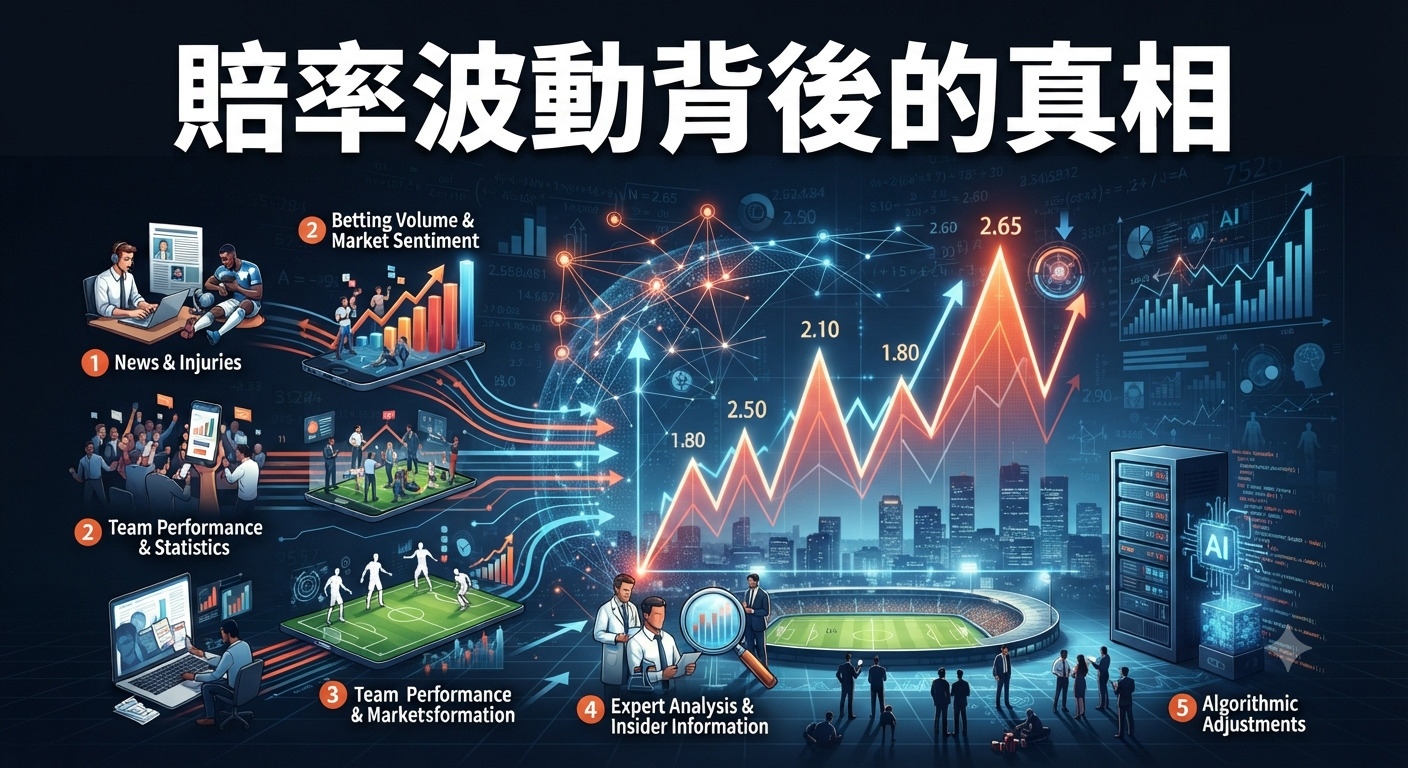 這張圖片呈現了賠率波動背後的複雜數據與市場機制，結合了新聞分析、AI演算法與專業洞察。 整體畫面展示了體育博彩數據分析的核心要素，解釋了影響賠率變動的關鍵邏輯。