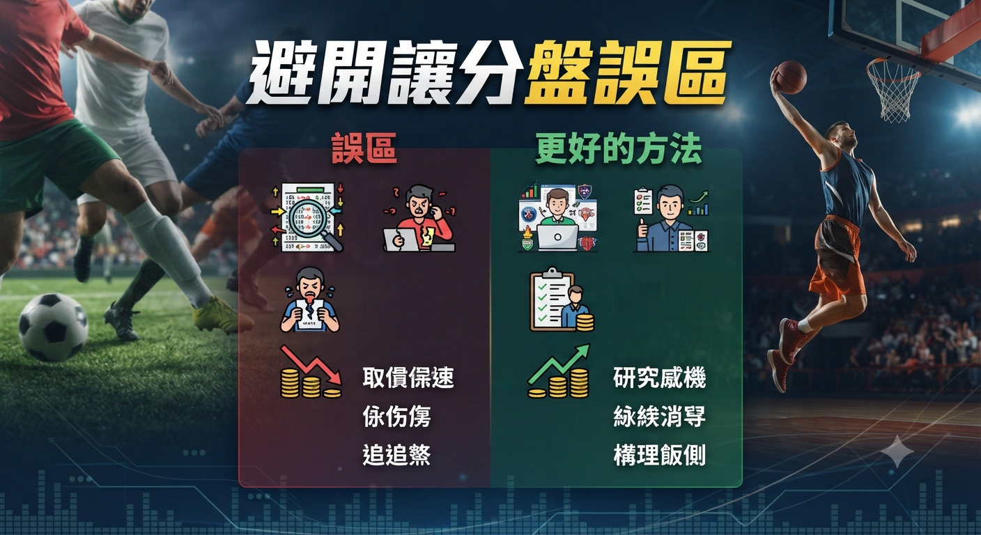 這是一張以體育賽事為背景的資訊圖表,主要探討如何避開讓分盤的常見誤區。 透過對比「誤區」與「更好的方法」,引導投資者進行理性分析以提升決策品質。