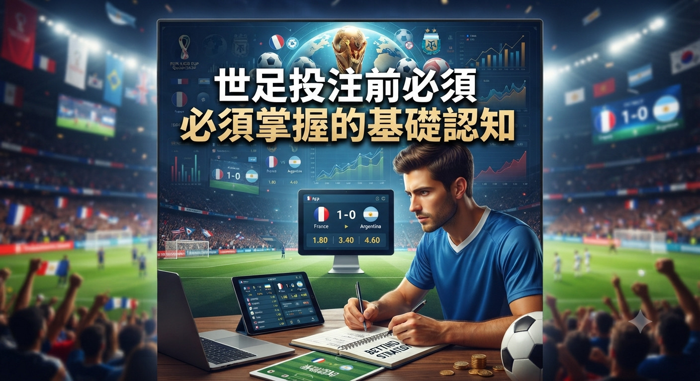 這是一張以足球投注為主題的圖像,畫面中央為一名正在研究數據的分析師,背景展現了充滿活力的體育場氛圍。 圖像上方清楚標示了「世足投注前必須掌握的基礎認知」作為主題標題。
