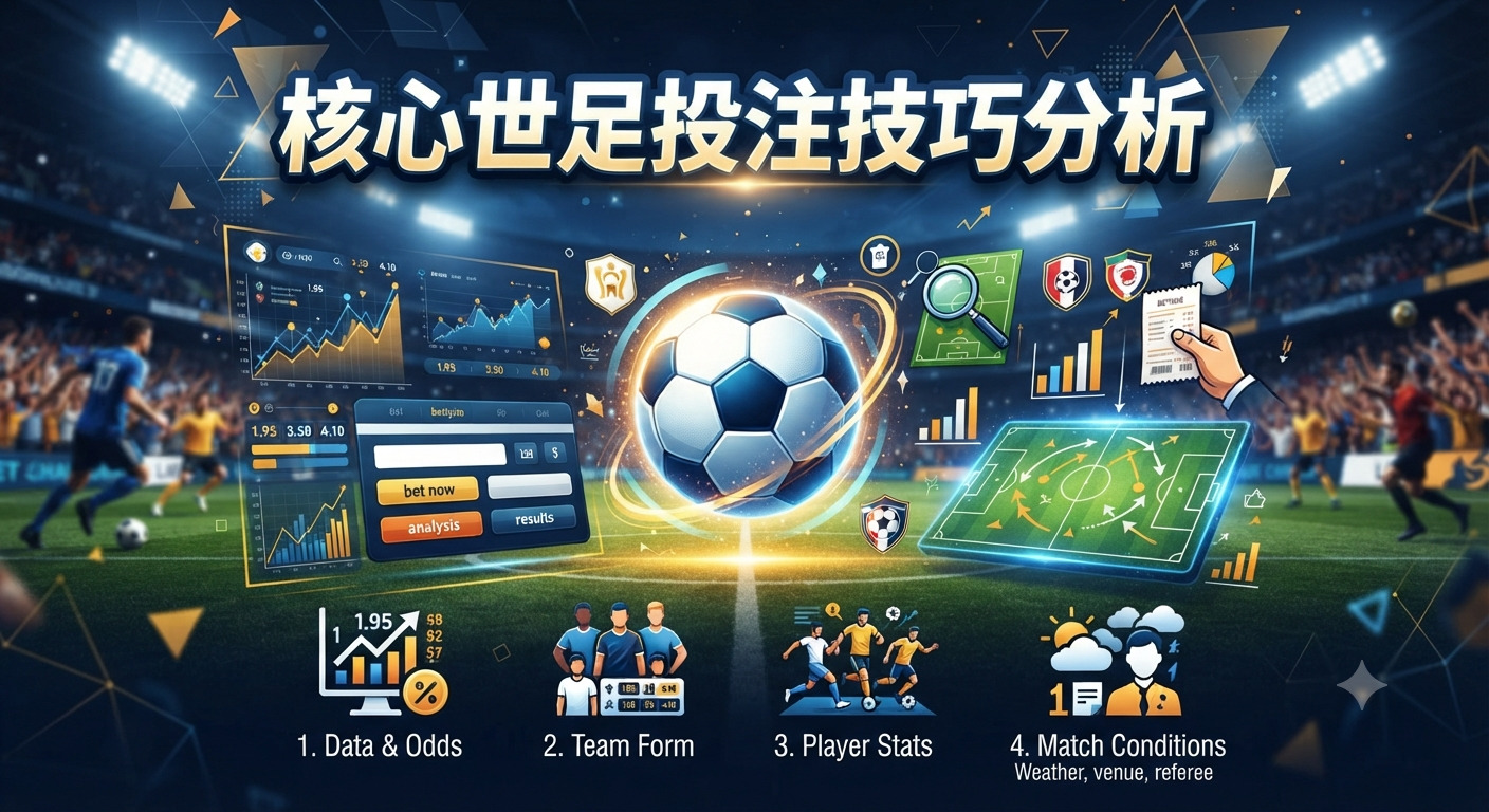 這張圖片以動態的足球場為背景,中央展示了一顆發光的足球及各種數據分析圖表與圖示。 圖片上方清晰地標註了核心標題「核心世足投注技巧分析」,突顯了專業投注策略的主題。
