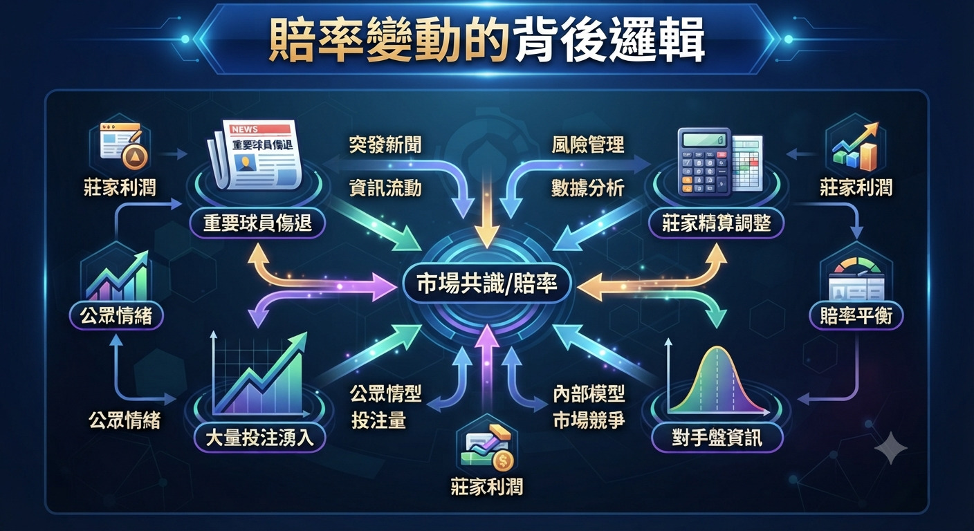 這張資訊圖表以「賠率變動的背後邏輯」為標題,展示了突發新聞、市場情緒及莊家數據模型等多重因素如何相互影響並調整市場賠率。 整體設計採用科技感藍色調,透過連結圖示精準解析了資本流動與風險管理在賠率平衡中的運作機制。